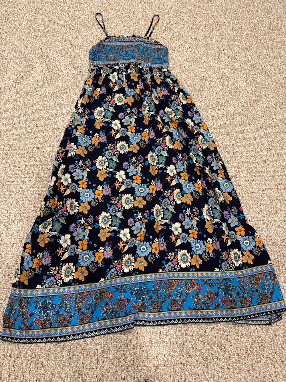 SHEIN Navy Floral Maxi Skirt with Blue Border